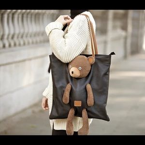 handmade Bags - Italian leather tote with teddy bear handmade Bags - Italian leather tote with teddy bear